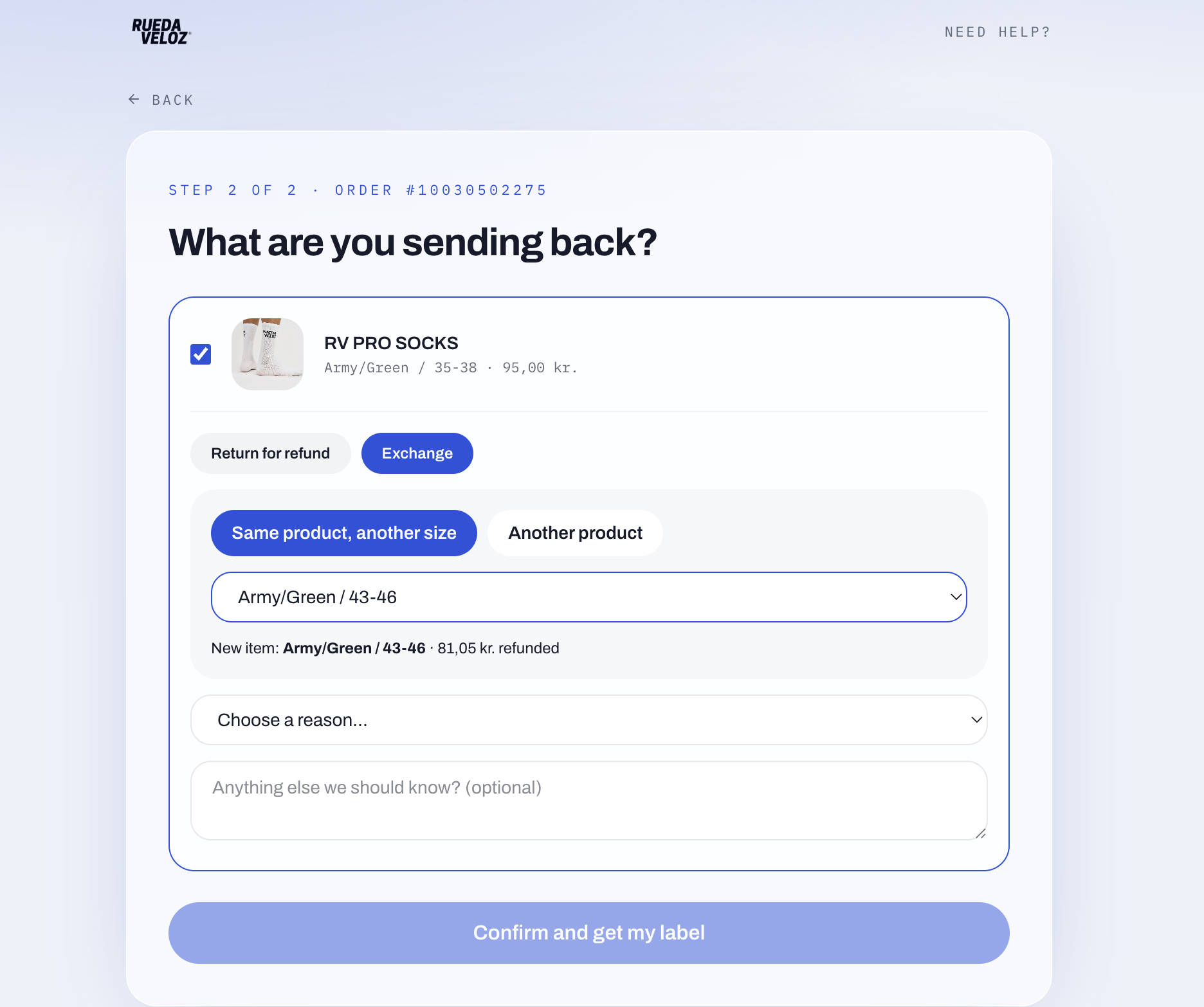 Exchange flow — swap to another size or product, with price difference handled