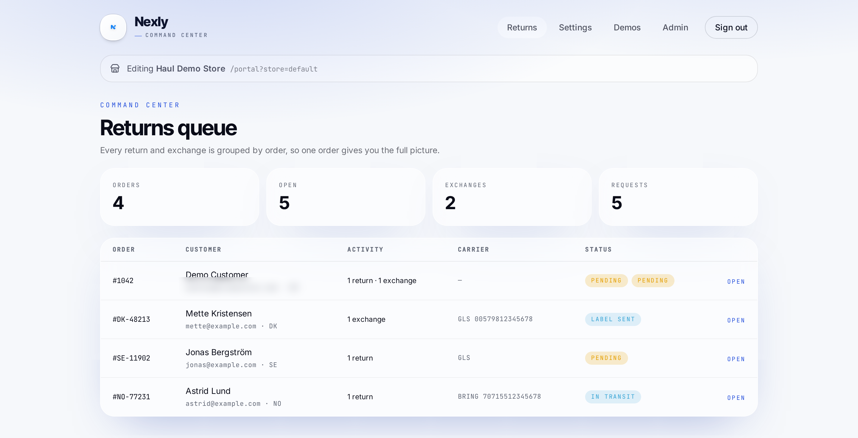 Merchant command center — every return and exchange grouped by order