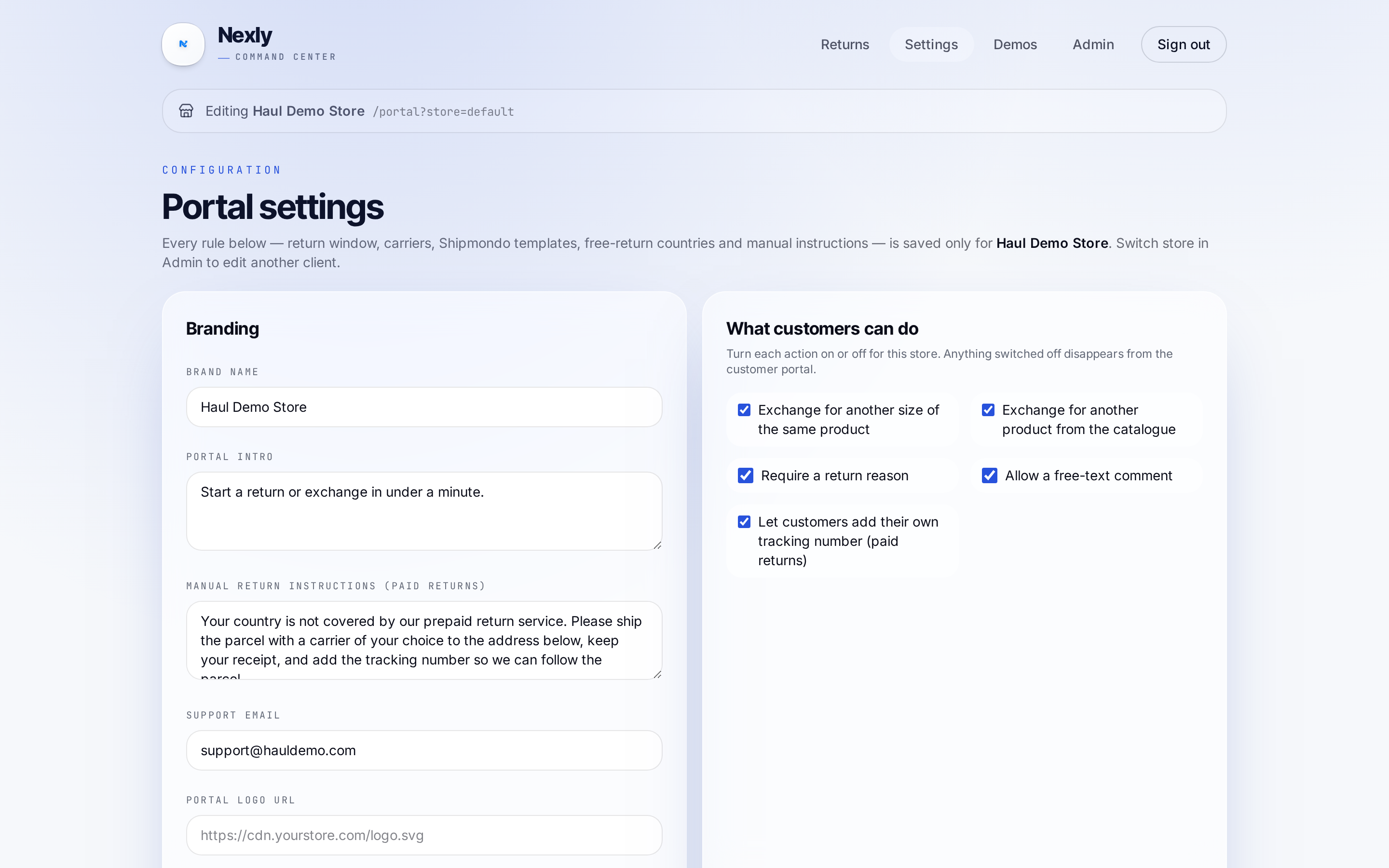 Portal settings — branding, rules and carrier templates per store