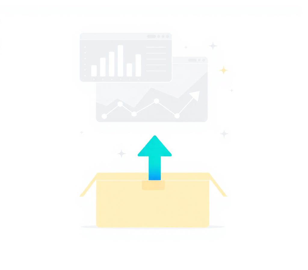 Illustration of a parcel with a return arrow and analytics dashboards showing charts and AI insights