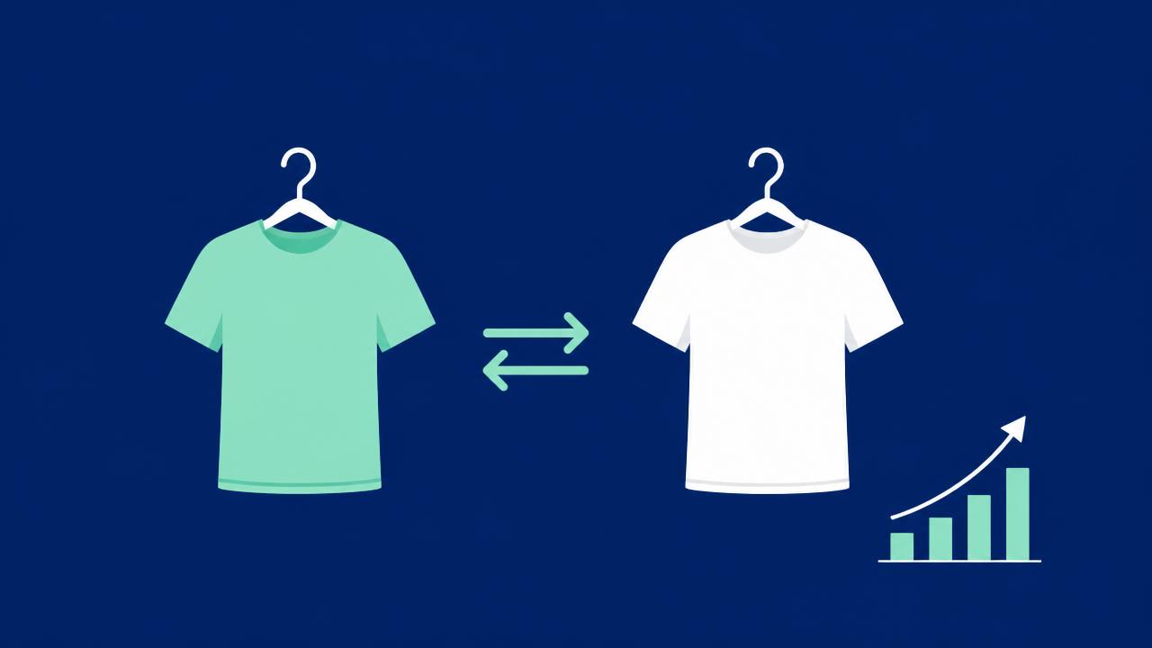 Illustration of two garments being swapped with a rising revenue chart, representing exchange-first returns
