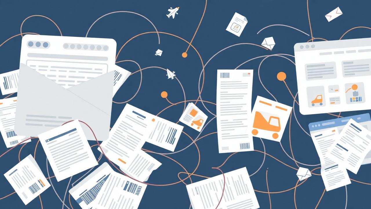 Illustration of scattered emails, spreadsheets and printed shipping labels representing a manual returns process