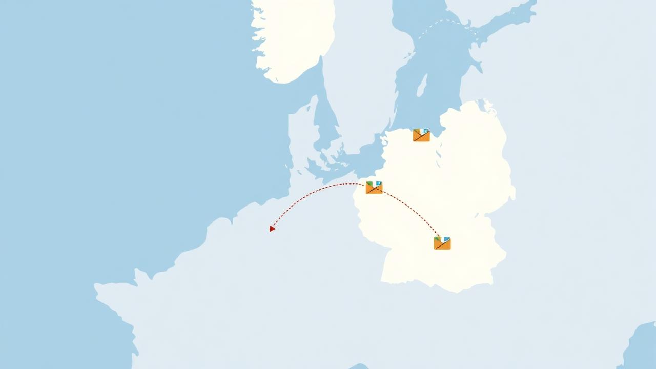 Illustration af et nordisk og tysk kort med pakkeikoner og ruter