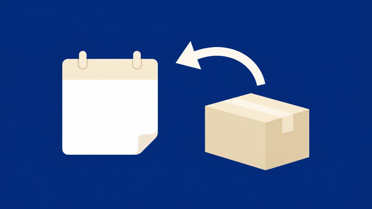 Illustration of a calendar page and a parcel with a return arrow, representing the 14-day EU right of withdrawal
